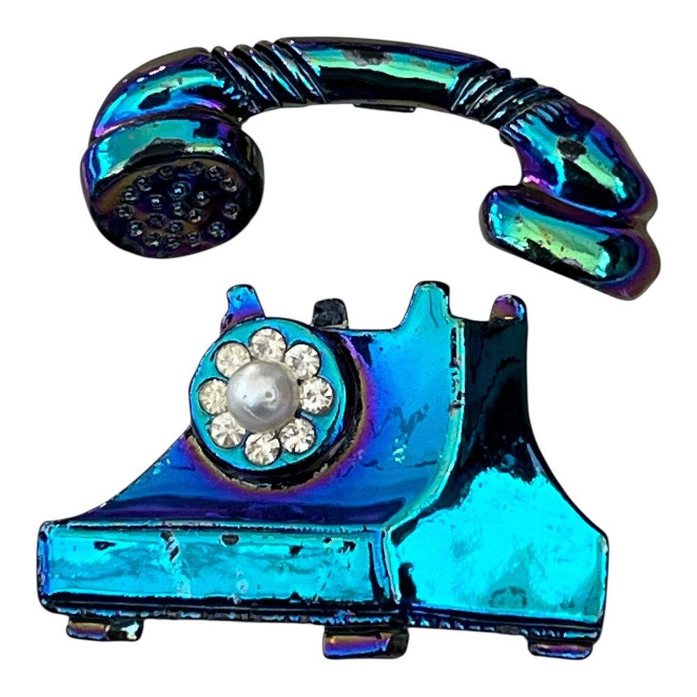 Vintage 1990s Telephone Brooch Iridescent Rhinestone Pearl - 1A